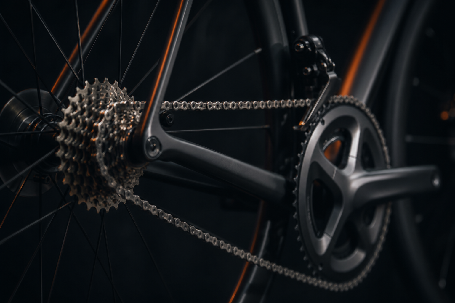 Close-up of a road bike drivetrain — cassette, chain and chainring